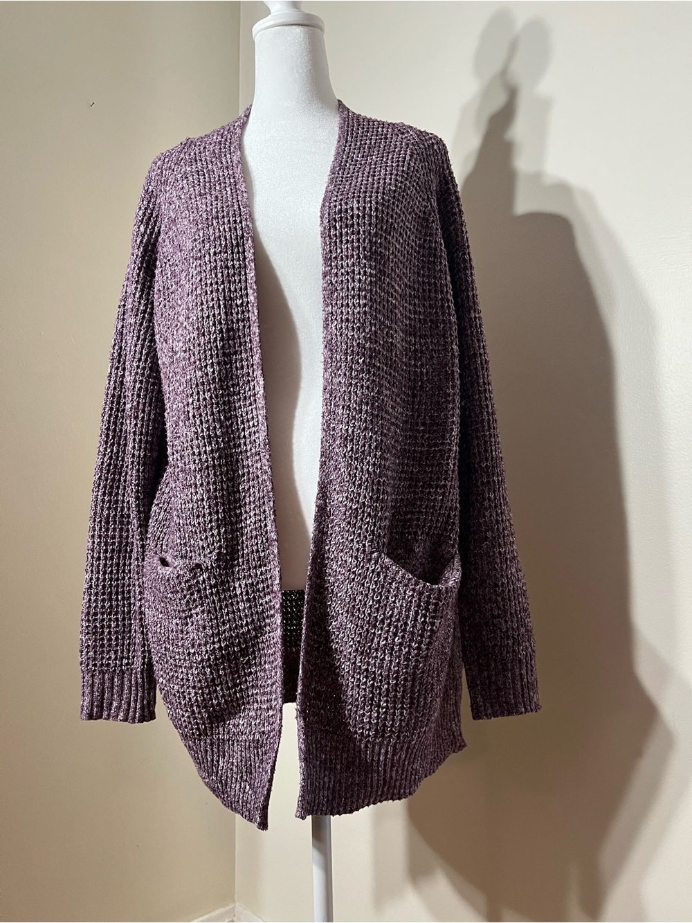 Open-Front Chunky Knit Cardigan in Dusty Purple